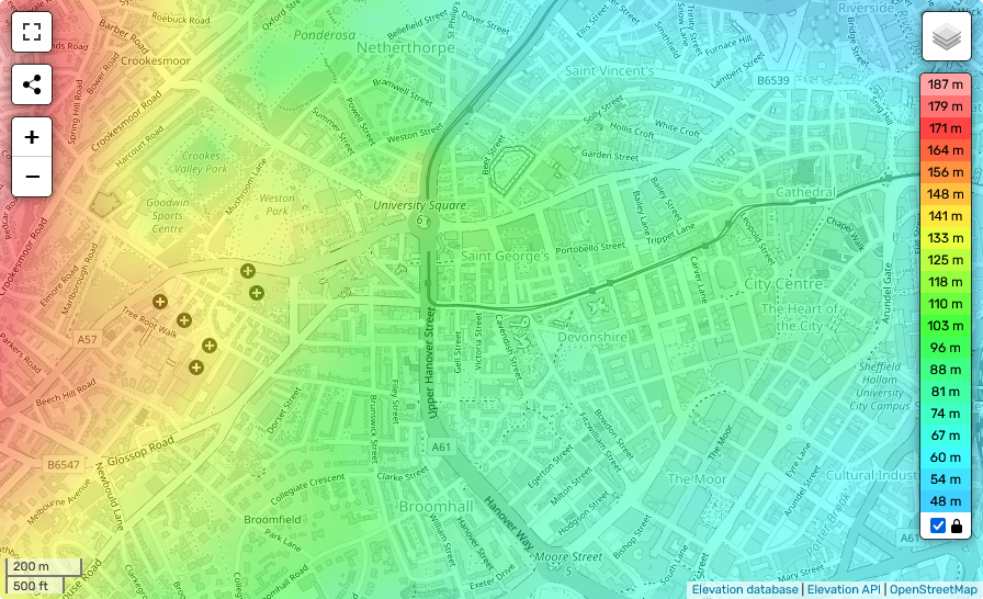 Sheffield elevation map